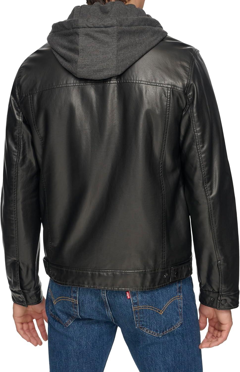 imageLevis Mens Faux Leather Hooded Trucker Jacket With Sherpa Lining Regular amp Big amp Tall SizesBlack