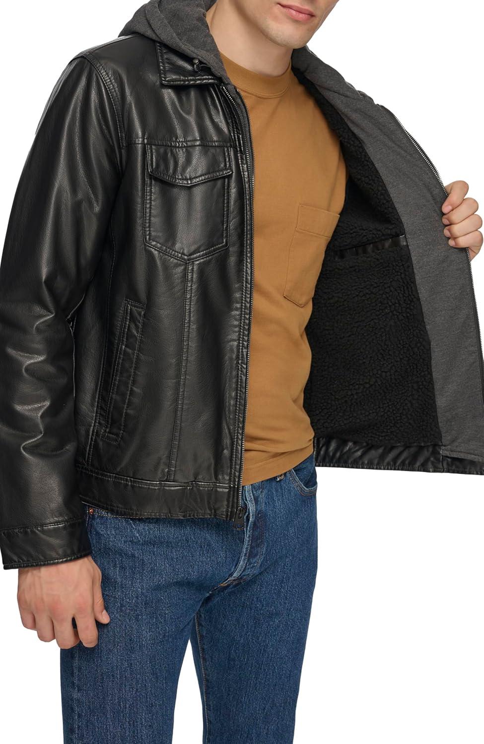 imageLevis Mens Faux Leather Hooded Trucker Jacket With Sherpa Lining Regular amp Big amp Tall SizesBlack