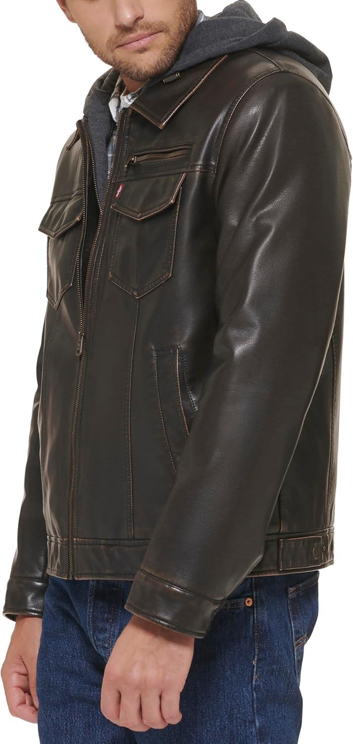 imageLevis Mens Faux Leather Hooded Trucker Jacket With Sherpa Lining Regular amp Big amp Tall SizesDark Brown