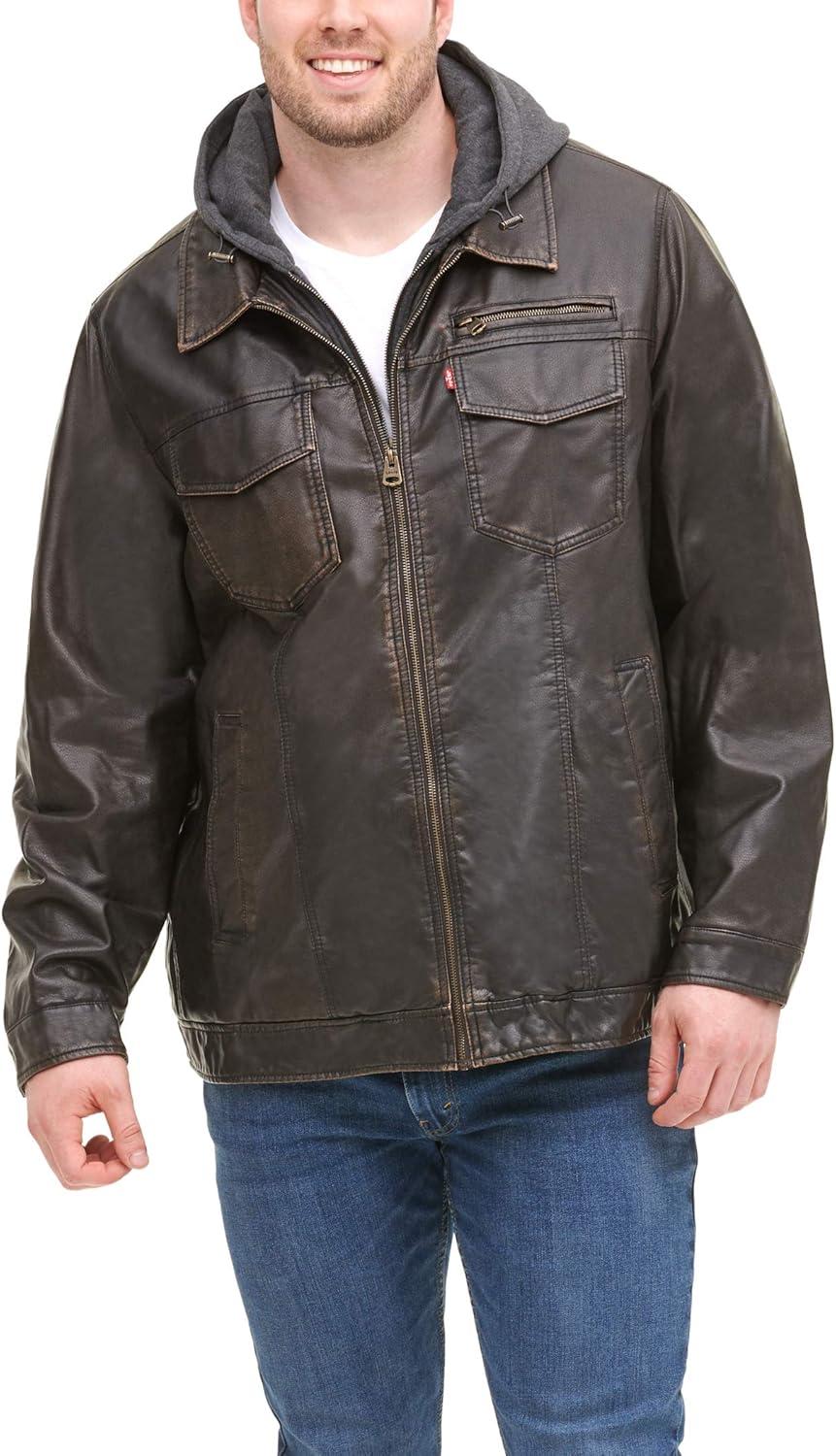 imageLevis Mens Faux Leather Hooded Trucker Jacket With Sherpa Lining Regular amp Big amp Tall SizesDark Brown