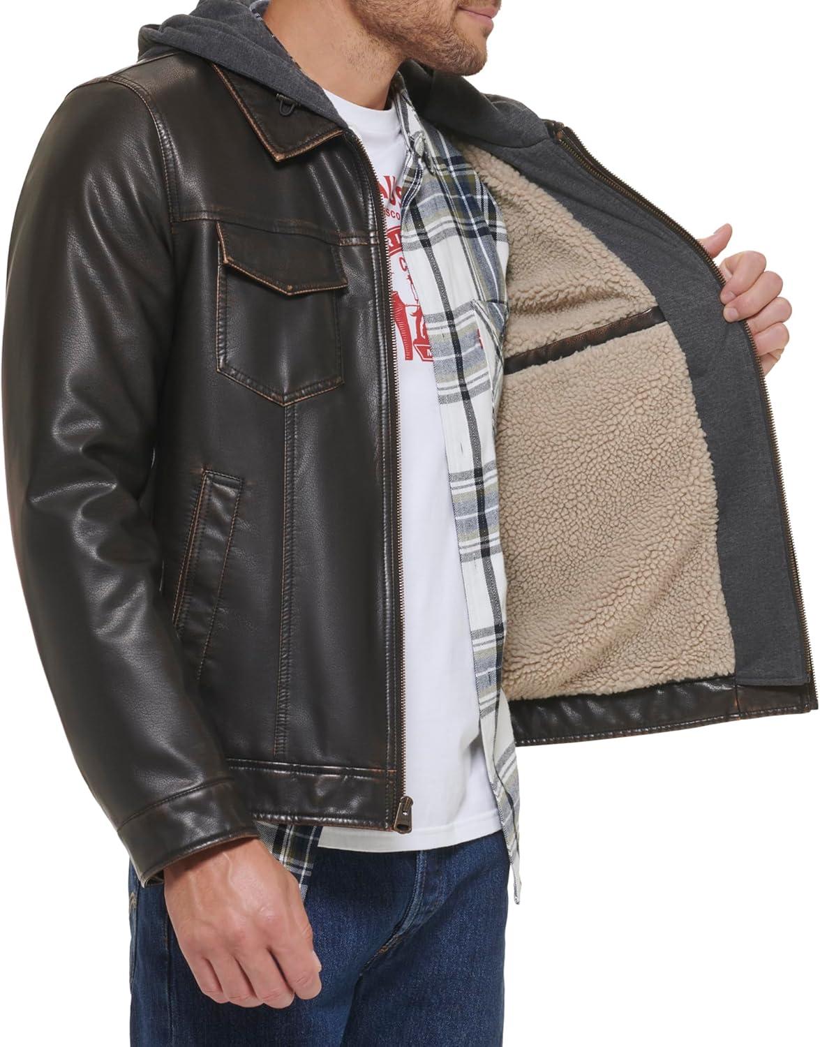 imageLevis Mens Faux Leather Hooded Trucker Jacket With Sherpa Lining Regular amp Big amp Tall SizesDark Brown