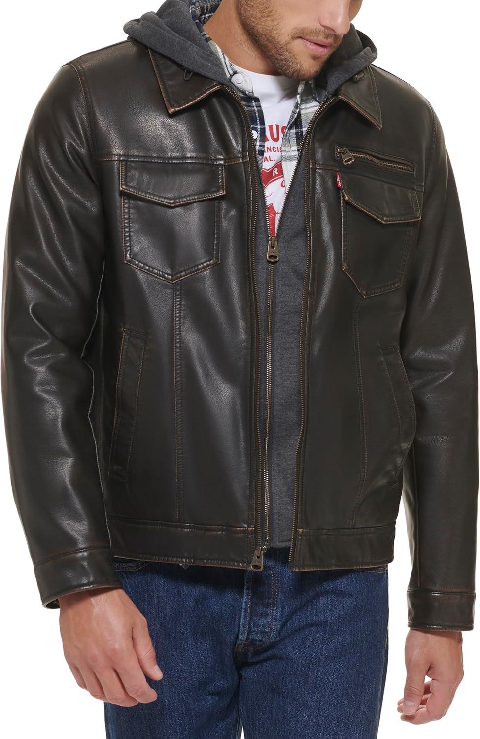 imageLevis Mens Faux Leather Hooded Trucker Jacket With Sherpa Lining Regular amp Big amp Tall SizesDark Brown