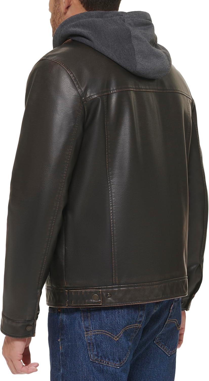 imageLevis Mens Faux Leather Hooded Trucker Jacket With Sherpa Lining Regular amp Big amp Tall SizesDark Brown