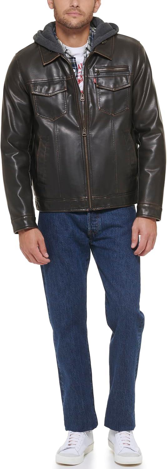 imageLevis Mens Faux Leather Hooded Trucker Jacket With Sherpa Lining Regular amp Big amp Tall SizesDark Brown