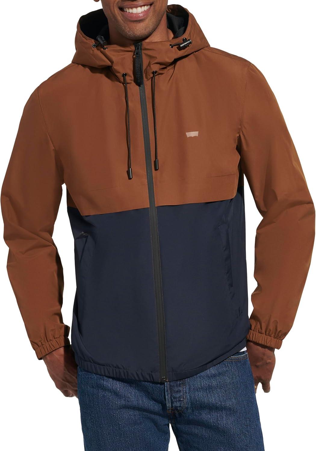 imageLevis Mens Hooded Rain Jacket amp WindbreakerBrown