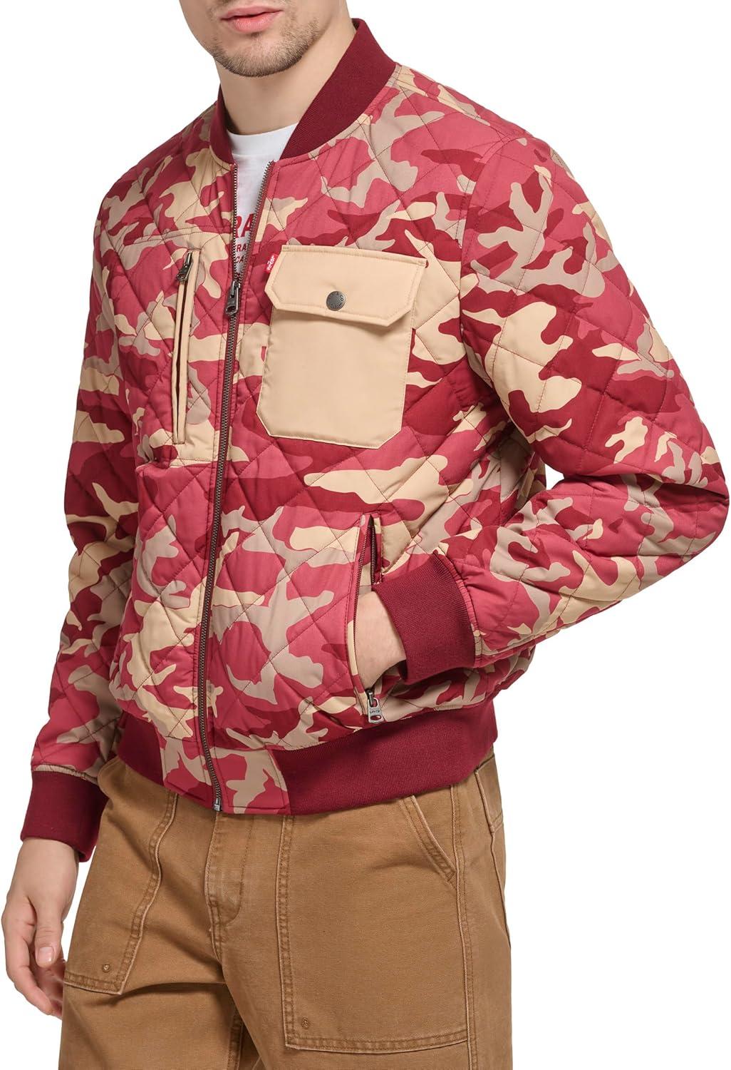 imageLevis Mens Levis Mens Diamond Quilted Bomber JacketKhakiRed Camo