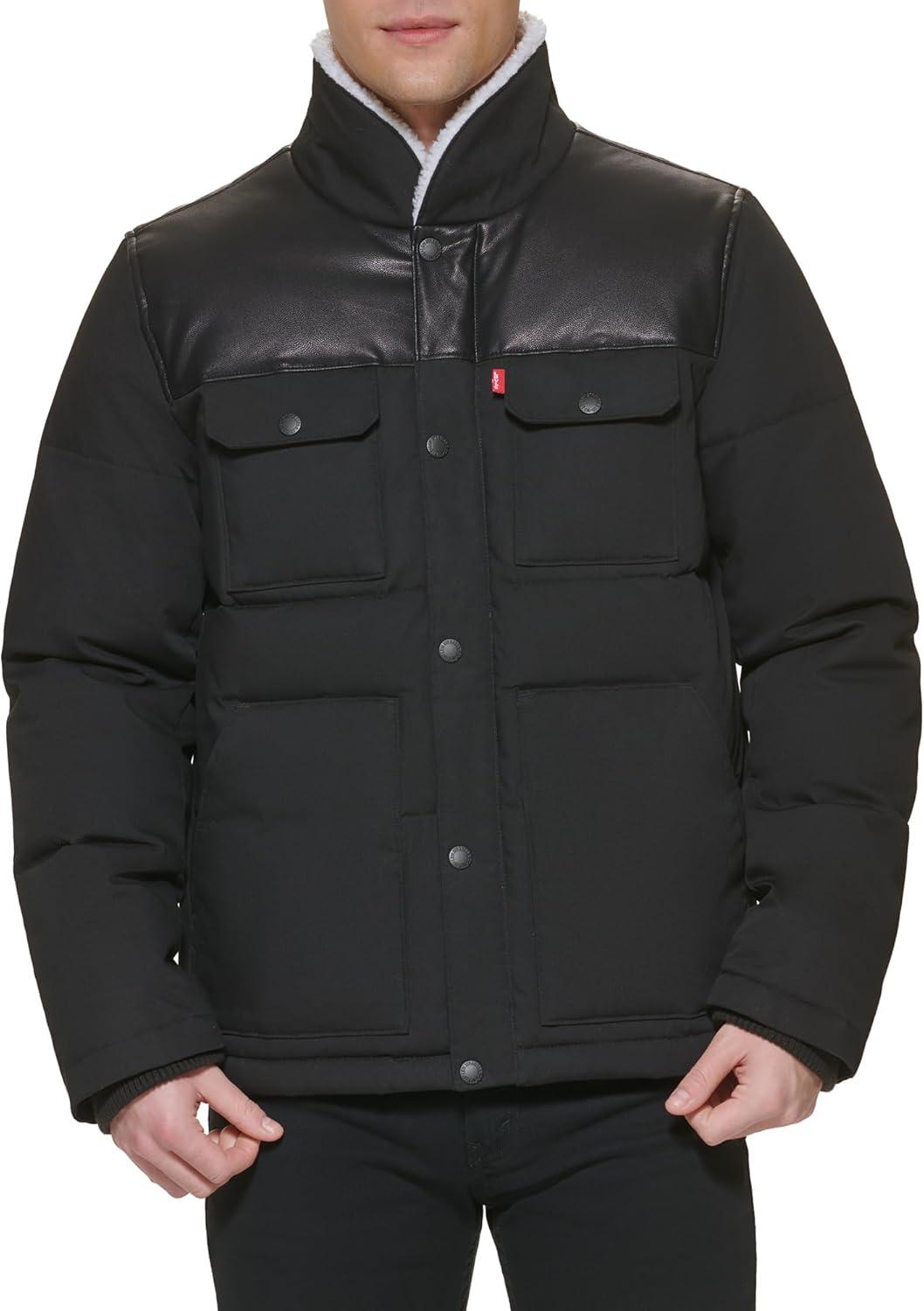 imageLevis Mens Mixed Media Quilted Puffer Jacket With Sherpa Lined Collar Regular and Big amp Tall SizesBlackFaux Leather