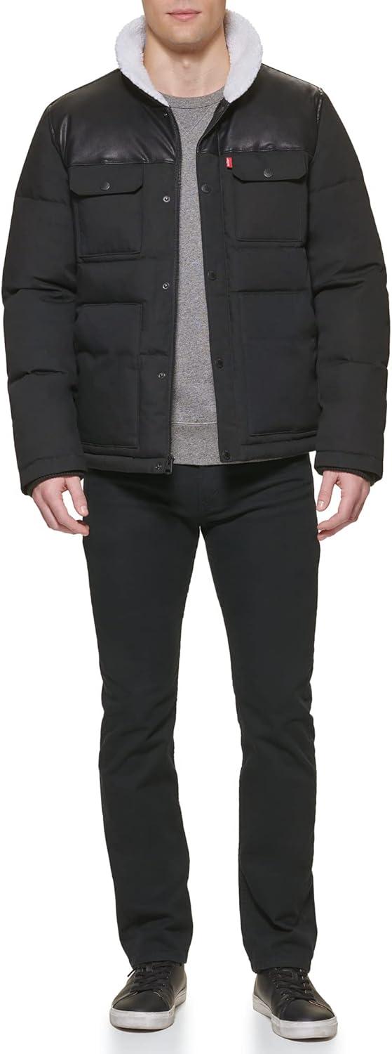 imageLevis Mens Mixed Media Quilted Puffer Jacket With Sherpa Lined Collar Regular and Big amp Tall SizesBlackFaux Leather