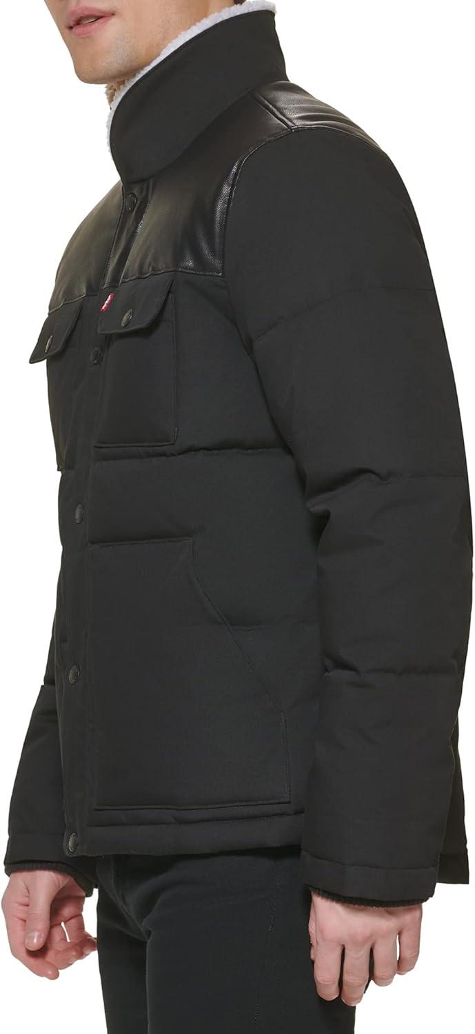 imageLevis Mens Mixed Media Quilted Puffer Jacket With Sherpa Lined Collar Regular and Big amp Tall SizesBlackFaux Leather