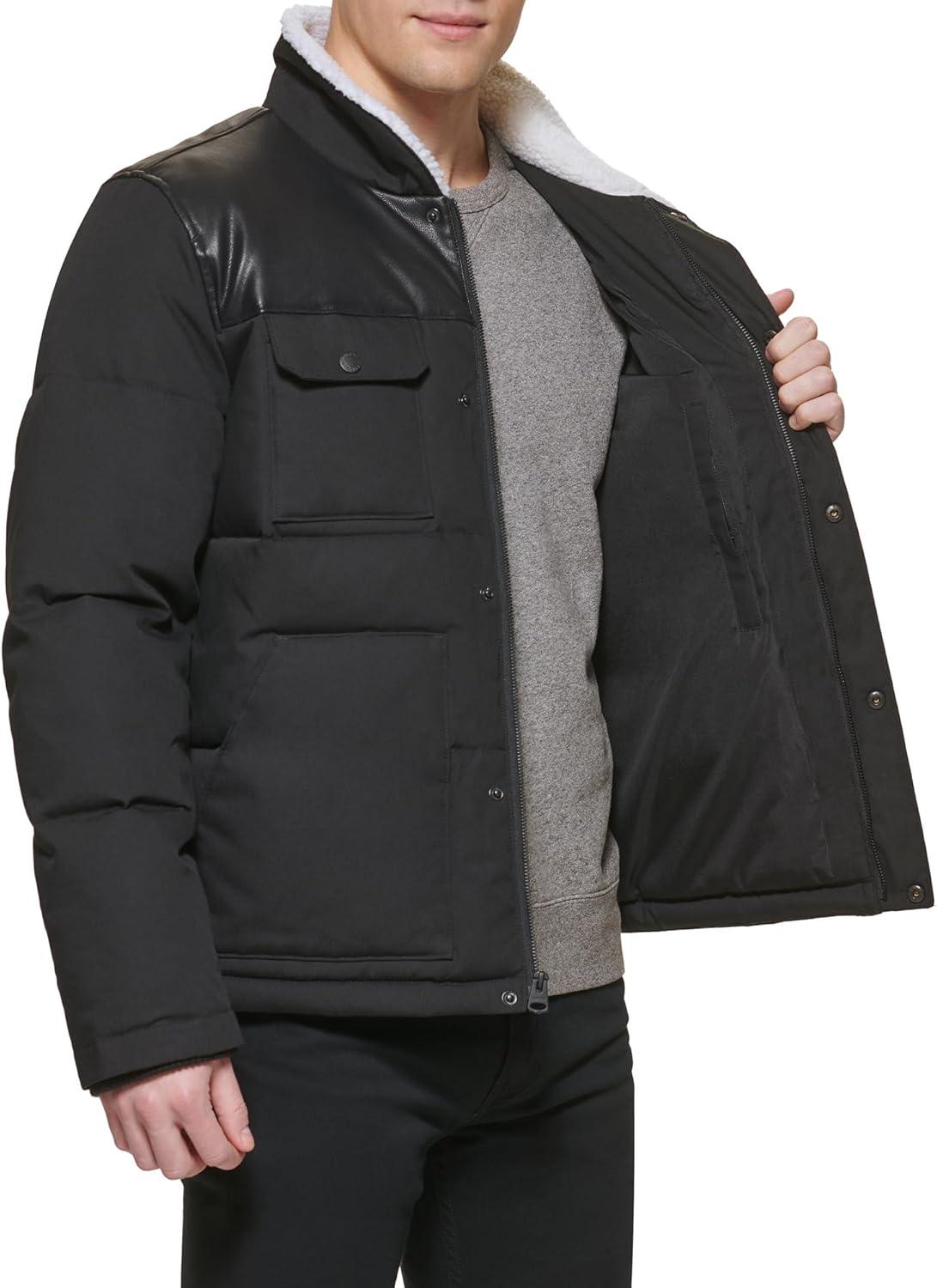 imageLevis Mens Mixed Media Quilted Puffer Jacket With Sherpa Lined Collar Regular and Big amp Tall SizesBlackFaux Leather
