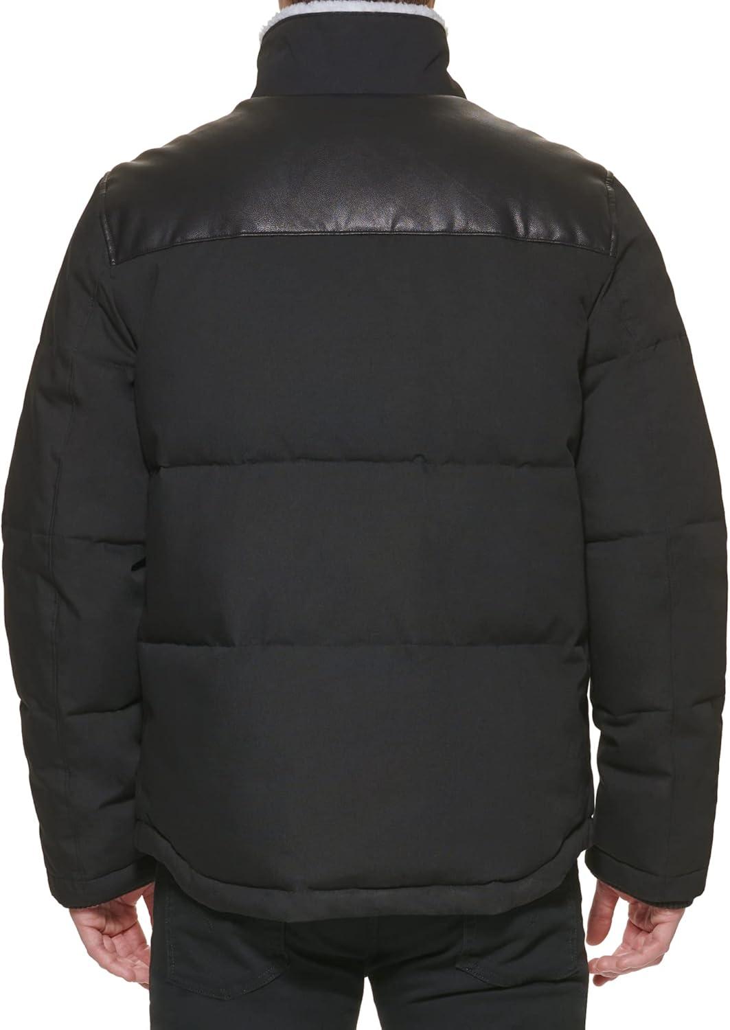 imageLevis Mens Mixed Media Quilted Puffer Jacket With Sherpa Lined Collar Regular and Big amp Tall SizesBlackFaux Leather