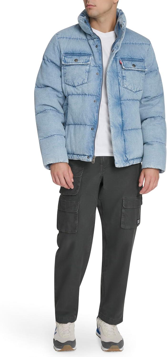 imageLevis Mens Mixed Media Quilted Puffer Jacket With Sherpa Lined Collar Regular and Big amp Tall SizesLight Wash Denim
