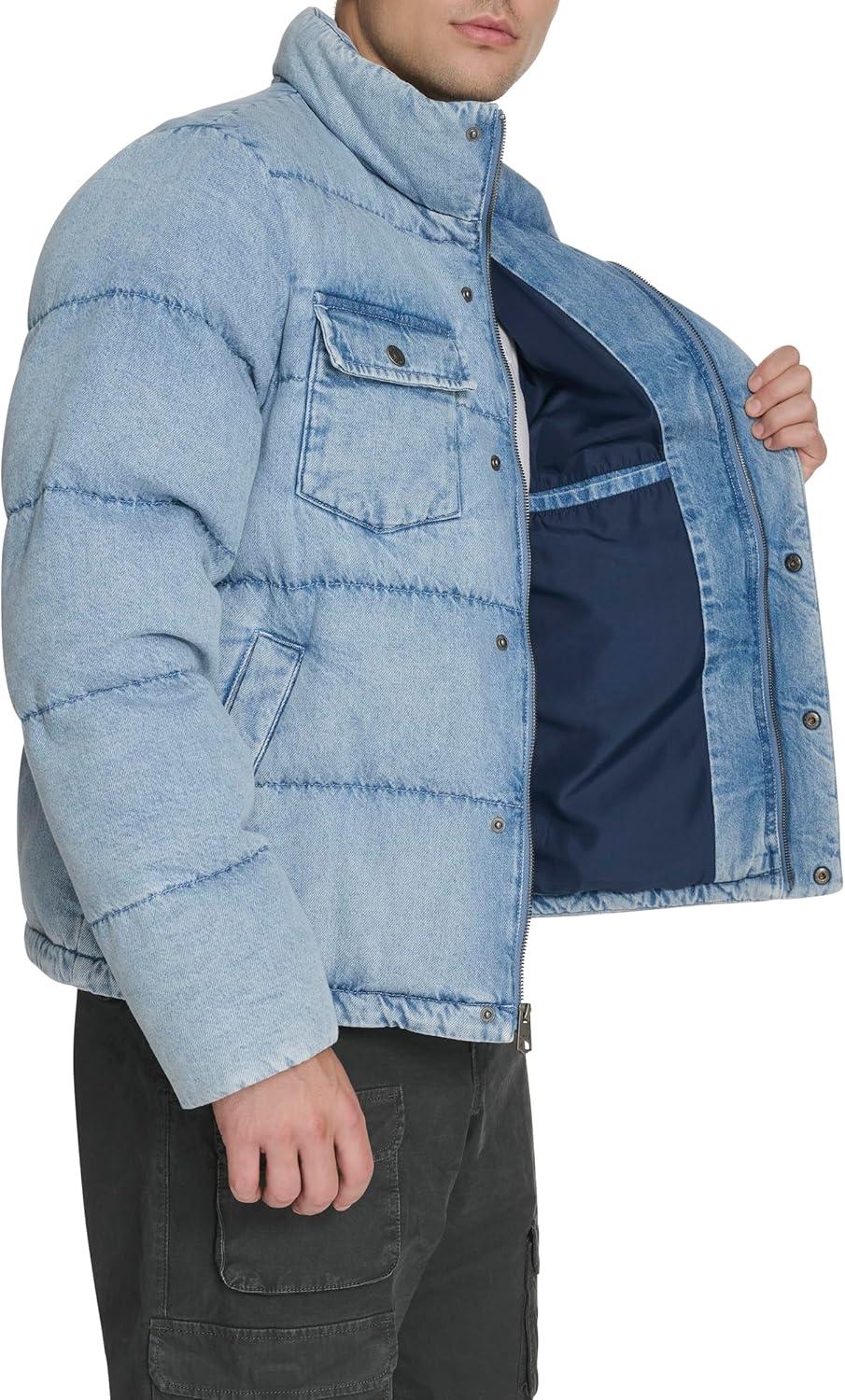 imageLevis Mens Mixed Media Quilted Puffer Jacket With Sherpa Lined Collar Regular and Big amp Tall SizesLight Wash Denim