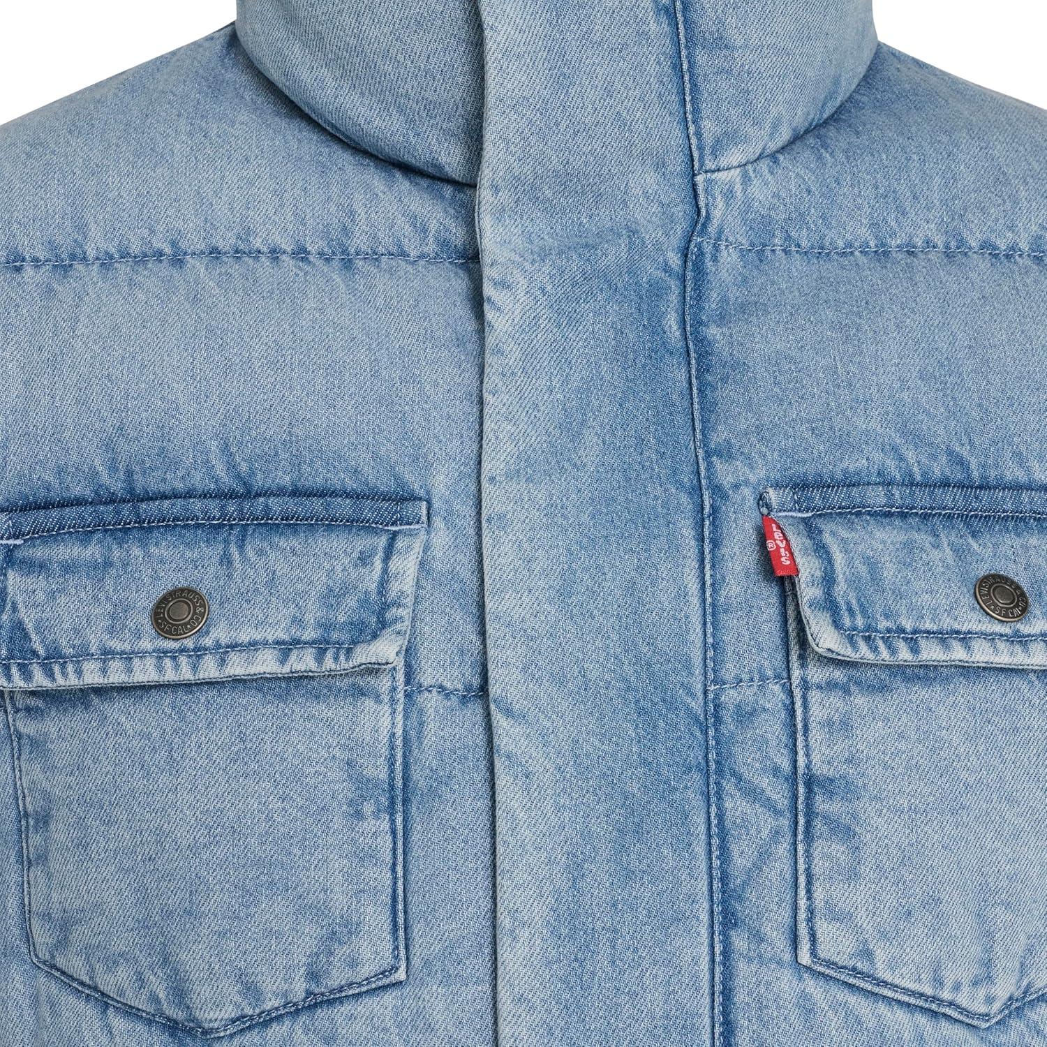 imageLevis Mens Mixed Media Quilted Puffer Jacket With Sherpa Lined Collar Regular and Big amp Tall SizesLight Wash Denim