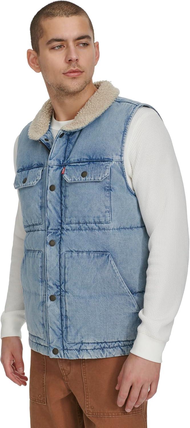 imageLevis Mens Mixed Media Quilted Puffer Jacket With Sherpa Lined Collar Regular and Big amp Tall SizesLight Wash Denim Vest