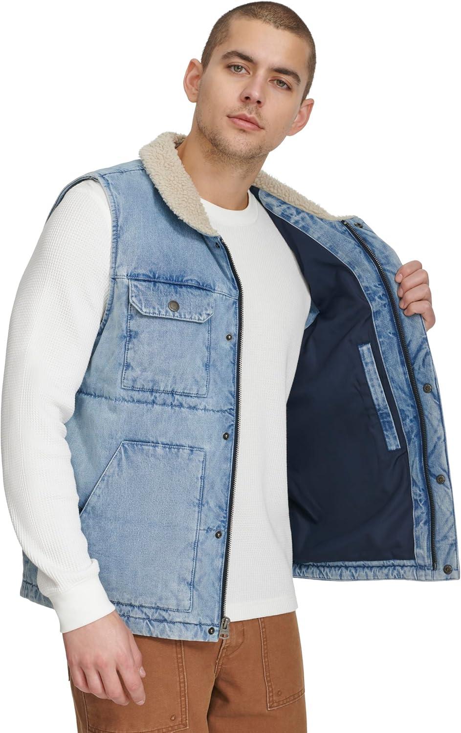 imageLevis Mens Mixed Media Quilted Puffer Jacket With Sherpa Lined Collar Regular and Big amp Tall SizesLight Wash Denim Vest