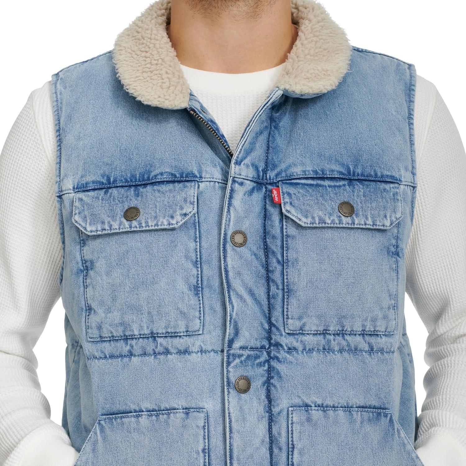 imageLevis Mens Mixed Media Quilted Puffer Jacket With Sherpa Lined Collar Regular and Big amp Tall SizesLight Wash Denim Vest
