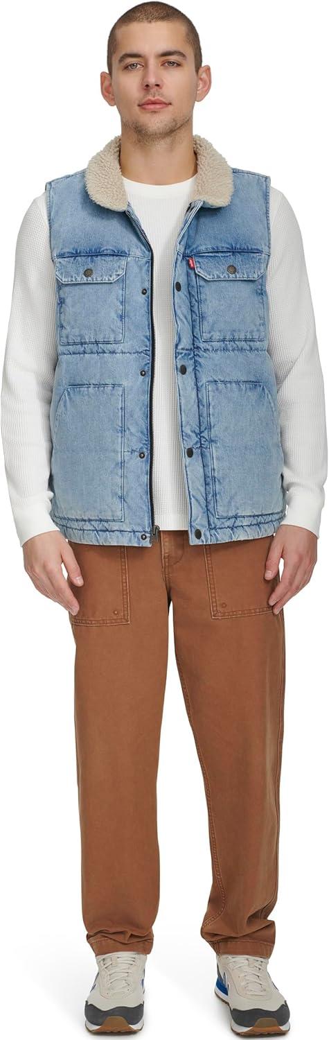 imageLevis Mens Mixed Media Quilted Puffer Jacket With Sherpa Lined Collar Regular and Big amp Tall SizesLight Wash Denim Vest