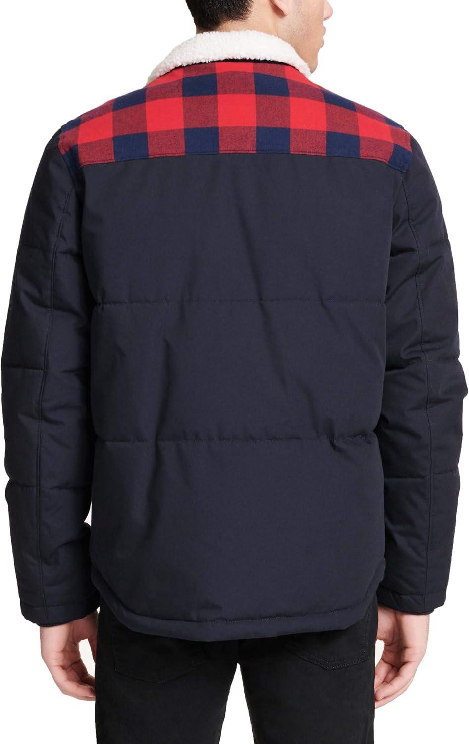 imageLevis Mens Mixed Media Quilted Puffer Jacket With Sherpa Lined Collar Regular and Big amp Tall SizesNavyPlaid