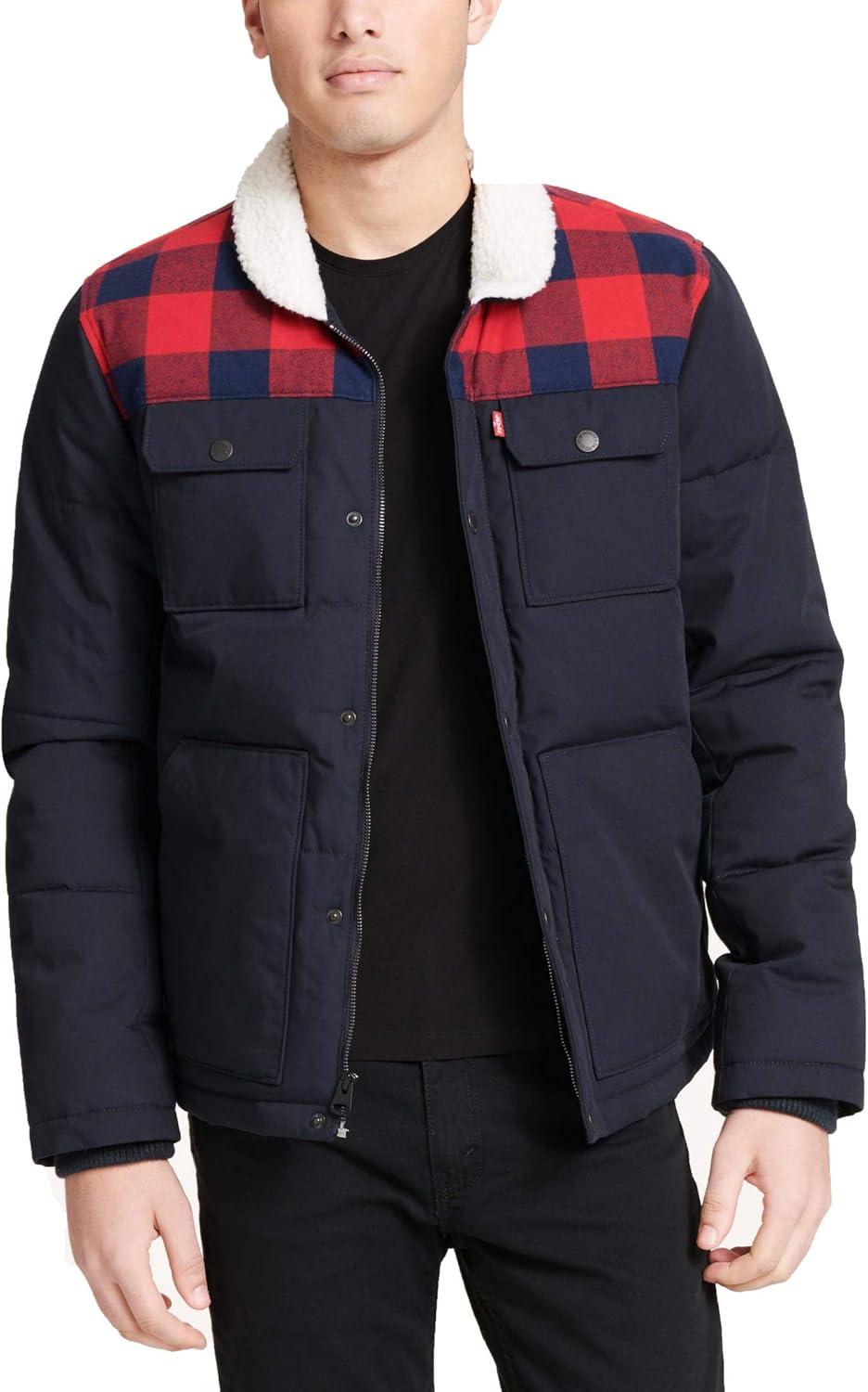 imageLevis Mens Mixed Media Quilted Puffer Jacket With Sherpa Lined Collar Regular and Big amp Tall SizesNavyPlaid