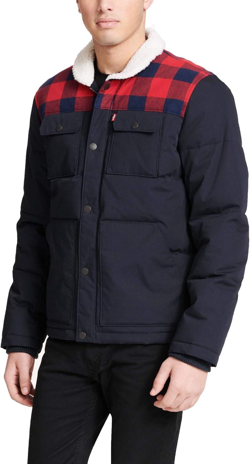 imageLevis Mens Mixed Media Quilted Puffer Jacket With Sherpa Lined Collar Regular and Big amp Tall SizesNavyPlaid