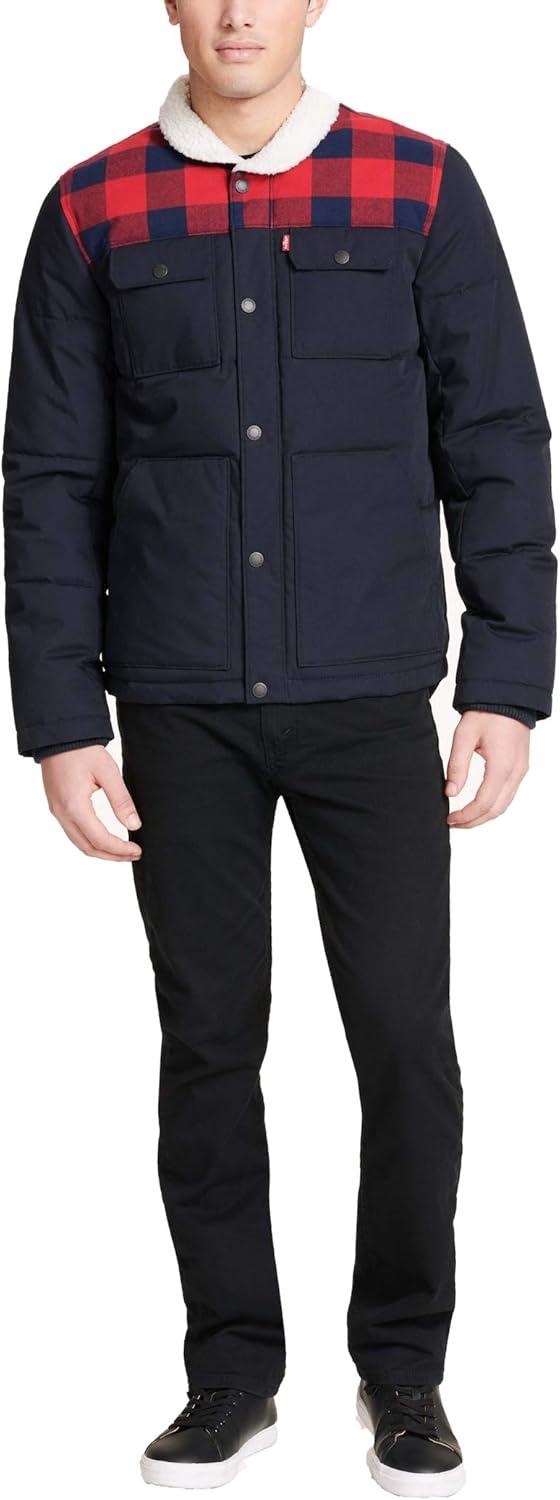 imageLevis Mens Mixed Media Quilted Puffer Jacket With Sherpa Lined Collar Regular and Big amp Tall SizesNavyPlaid