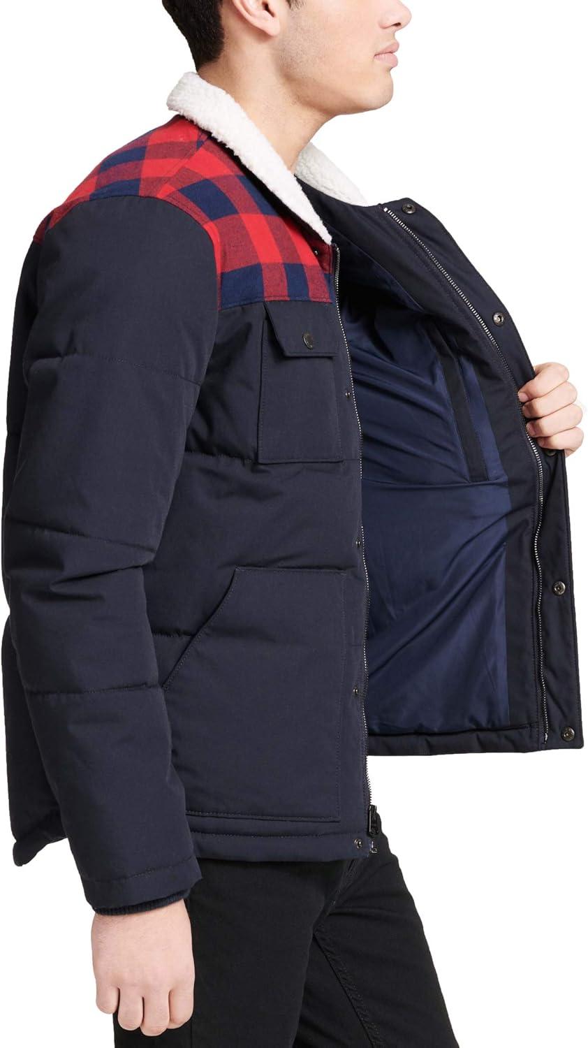 imageLevis Mens Mixed Media Quilted Puffer Jacket With Sherpa Lined Collar Regular and Big amp Tall SizesNavyPlaid