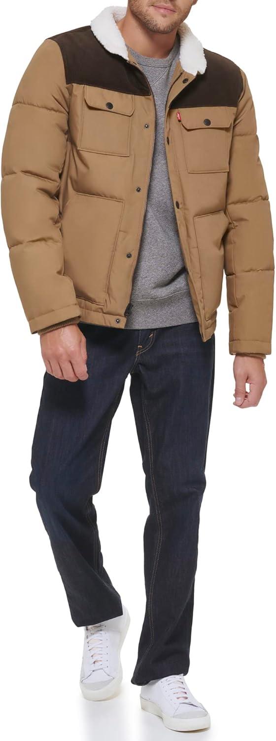 imageLevis Mens Mixed Media Quilted Puffer Jacket With Sherpa Lined Collar Regular and Big amp Tall SizesNew TanDark Brown