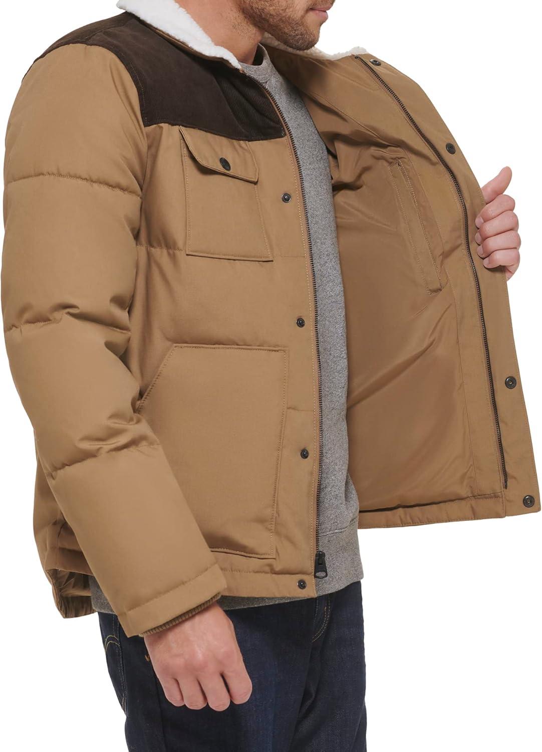 imageLevis Mens Mixed Media Quilted Puffer Jacket With Sherpa Lined Collar Regular and Big amp Tall SizesNew TanDark Brown