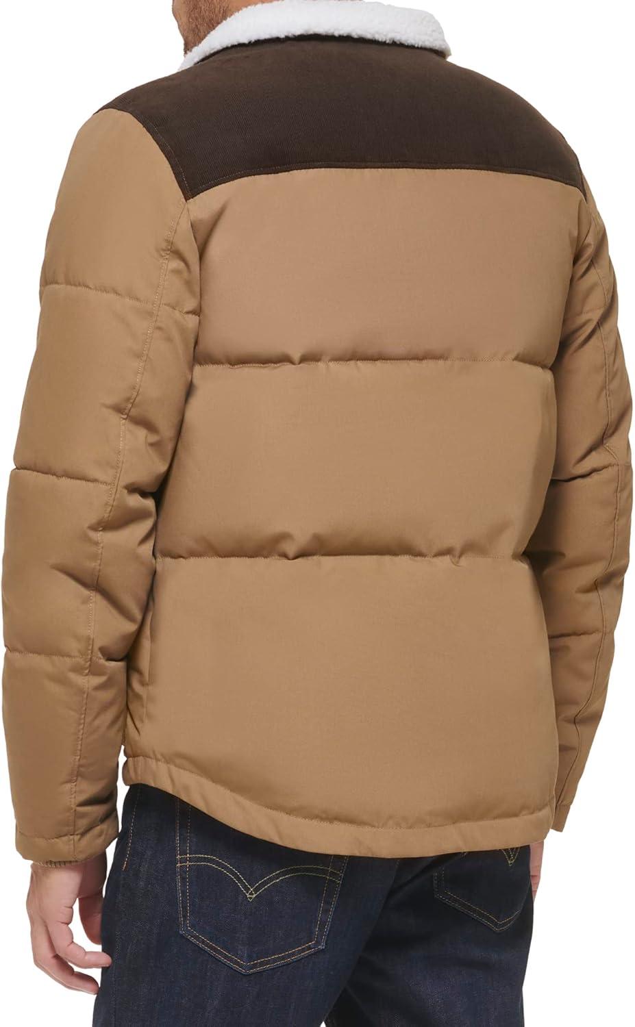 imageLevis Mens Mixed Media Quilted Puffer Jacket With Sherpa Lined Collar Regular and Big amp Tall SizesNew TanDark Brown