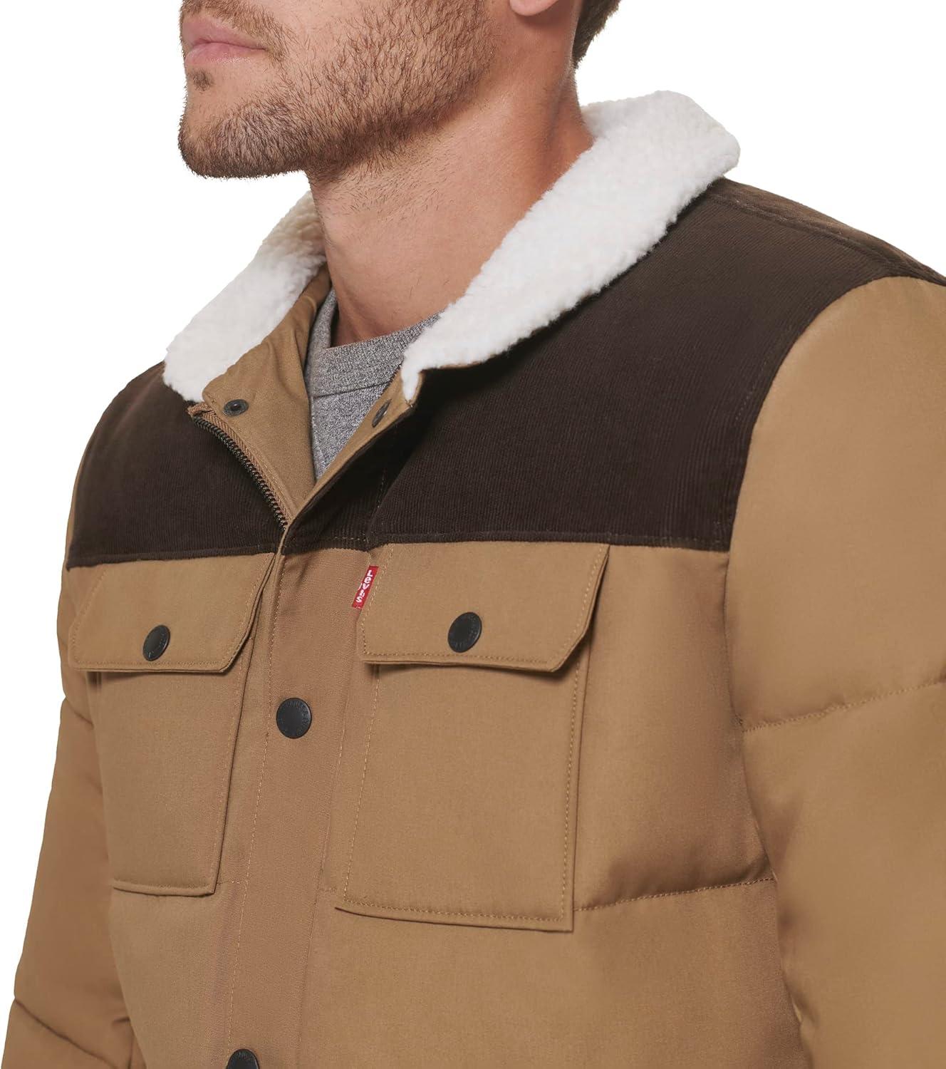 imageLevis Mens Mixed Media Quilted Puffer Jacket With Sherpa Lined Collar Regular and Big amp Tall SizesNew TanDark Brown