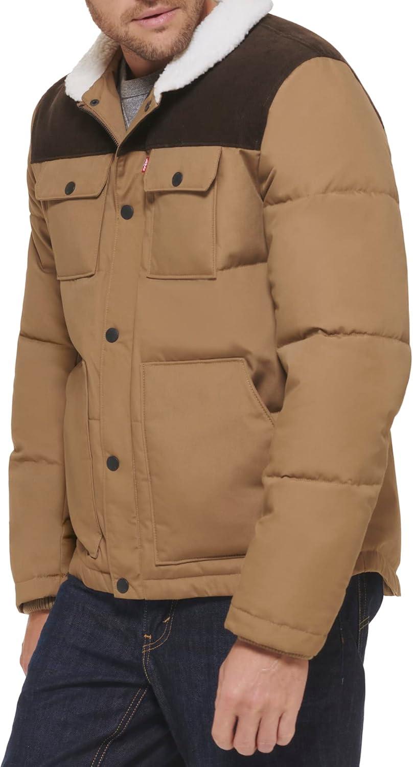 imageLevis Mens Mixed Media Quilted Puffer Jacket With Sherpa Lined Collar Regular and Big amp Tall SizesNew TanDark Brown