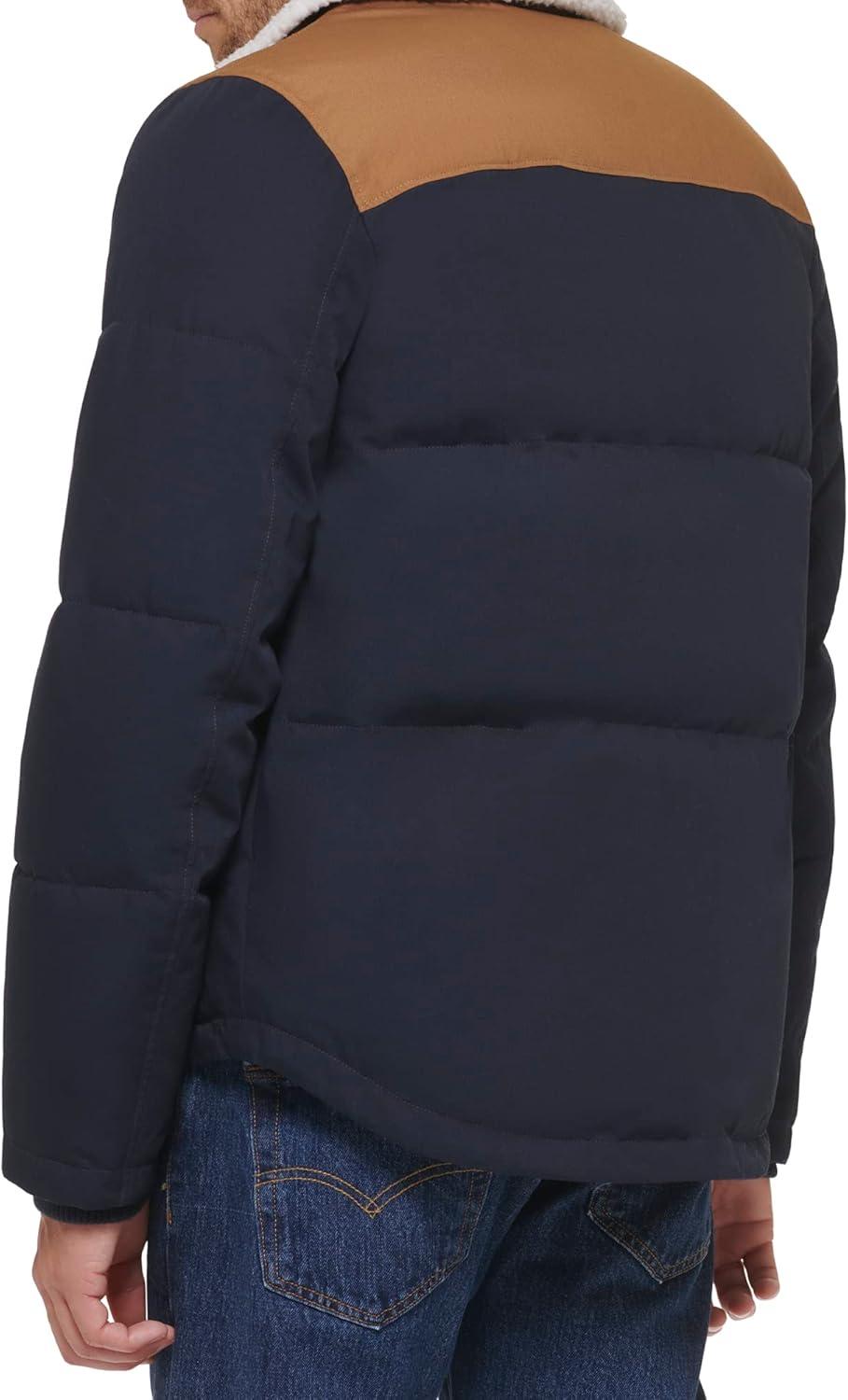 imageLevis Mens Mixed Media Quilted Puffer Jacket With Sherpa Lined Collar Regular and Big amp Tall SizesNew Worker BrownNavy