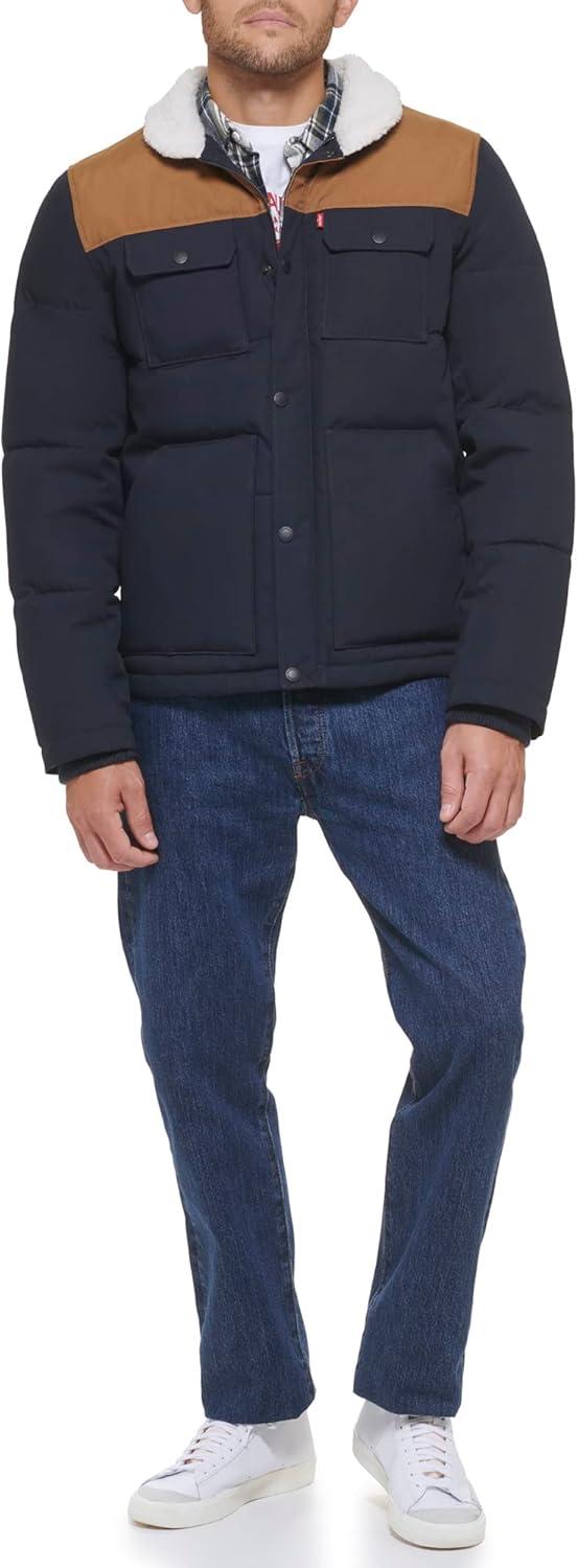 imageLevis Mens Mixed Media Quilted Puffer Jacket With Sherpa Lined Collar Regular and Big amp Tall SizesNew Worker BrownNavy