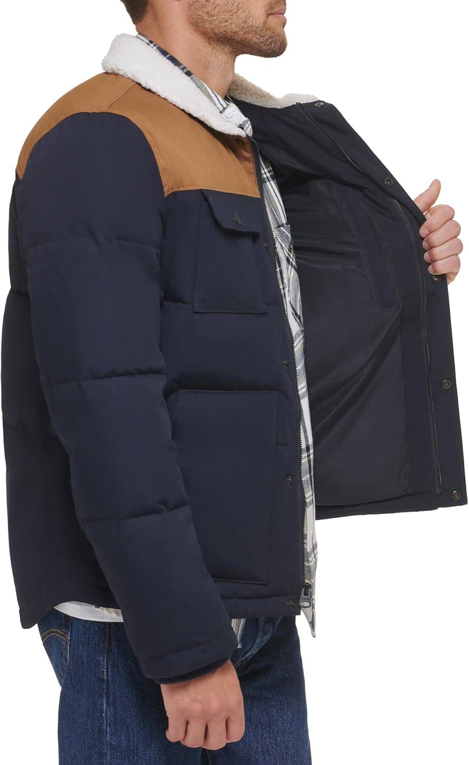 imageLevis Mens Mixed Media Quilted Puffer Jacket With Sherpa Lined Collar Regular and Big amp Tall SizesNew Worker BrownNavy