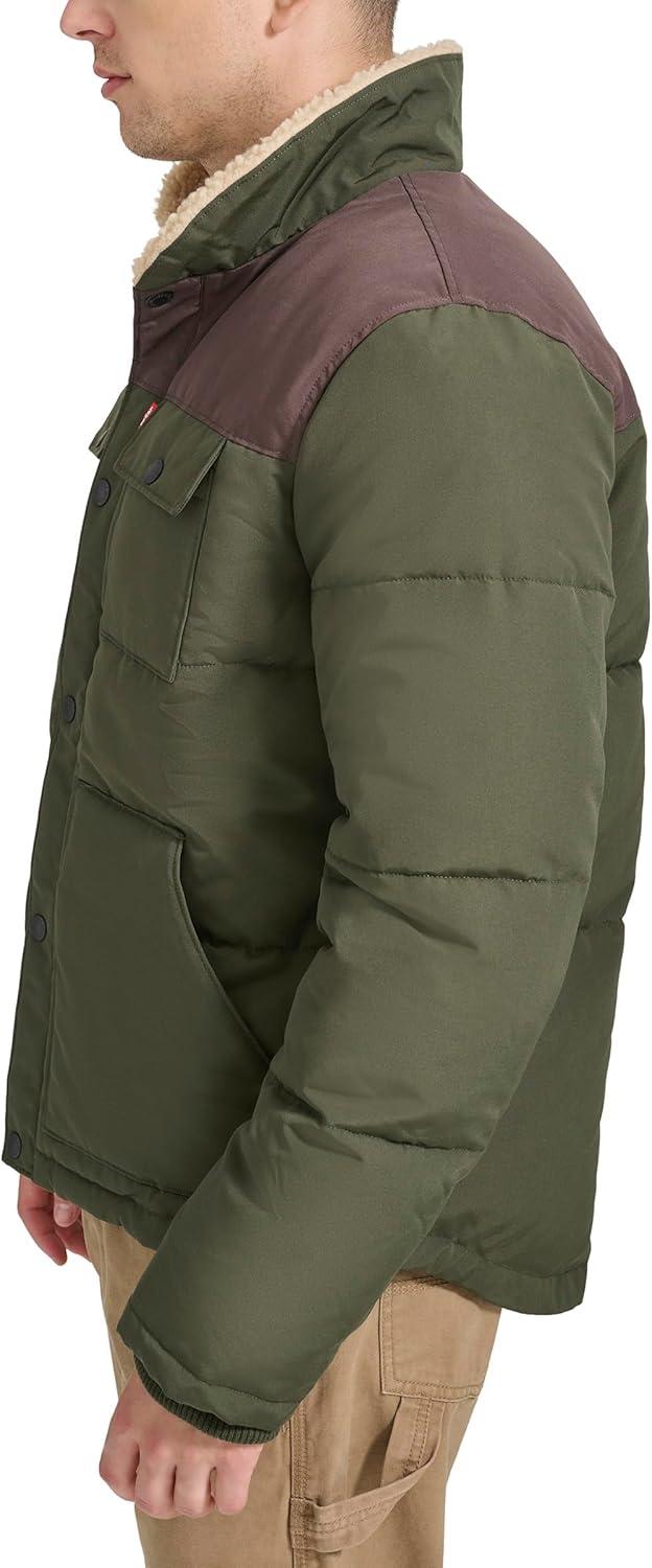 imageLevis Mens Mixed Media Quilted Puffer Jacket With Sherpa Lined Collar Regular and Big amp Tall SizesOliveDark Brown