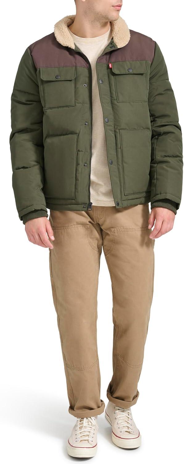 imageLevis Mens Mixed Media Quilted Puffer Jacket With Sherpa Lined Collar Regular and Big amp Tall SizesOliveDark Brown