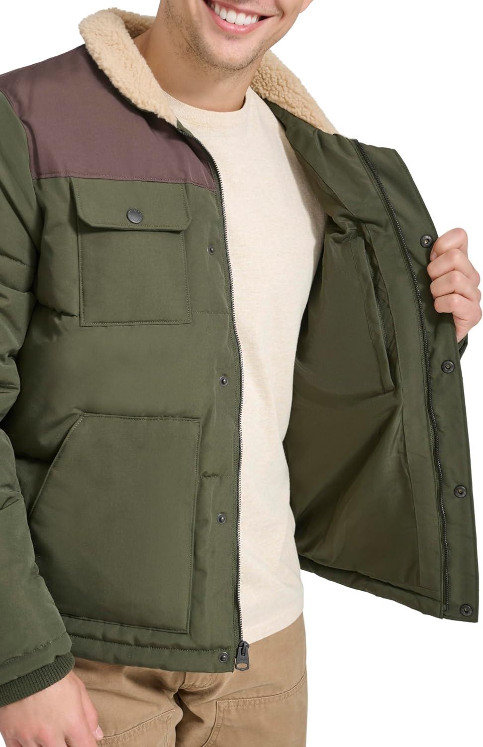 imageLevis Mens Mixed Media Quilted Puffer Jacket With Sherpa Lined Collar Regular and Big amp Tall SizesOliveDark Brown