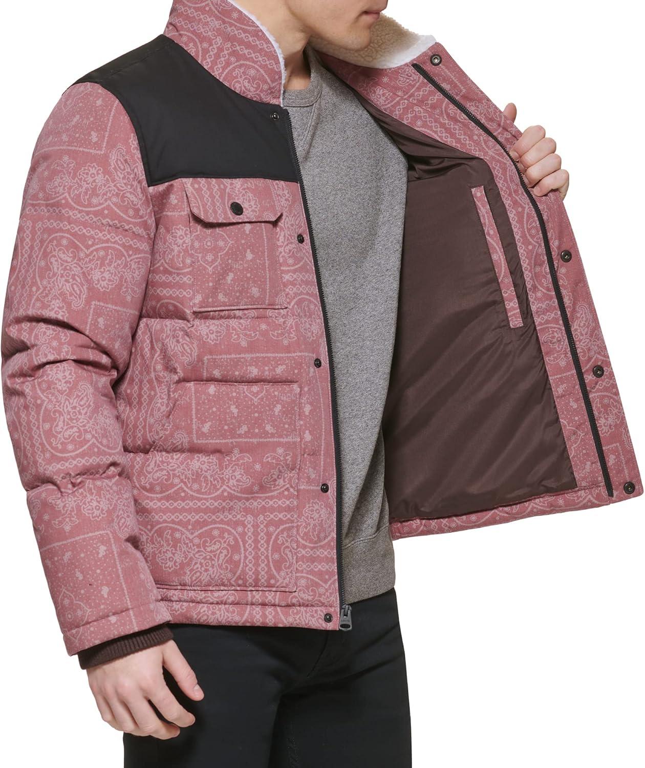 imageLevis Mens Mixed Media Quilted Puffer Jacket With Sherpa Lined Collar Regular and Big amp Tall SizesRed Bandana Print