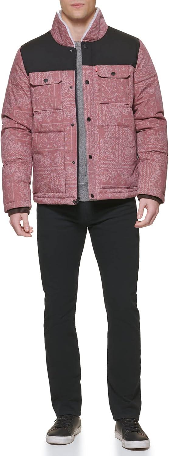 imageLevis Mens Mixed Media Quilted Puffer Jacket With Sherpa Lined Collar Regular and Big amp Tall SizesRed Bandana Print