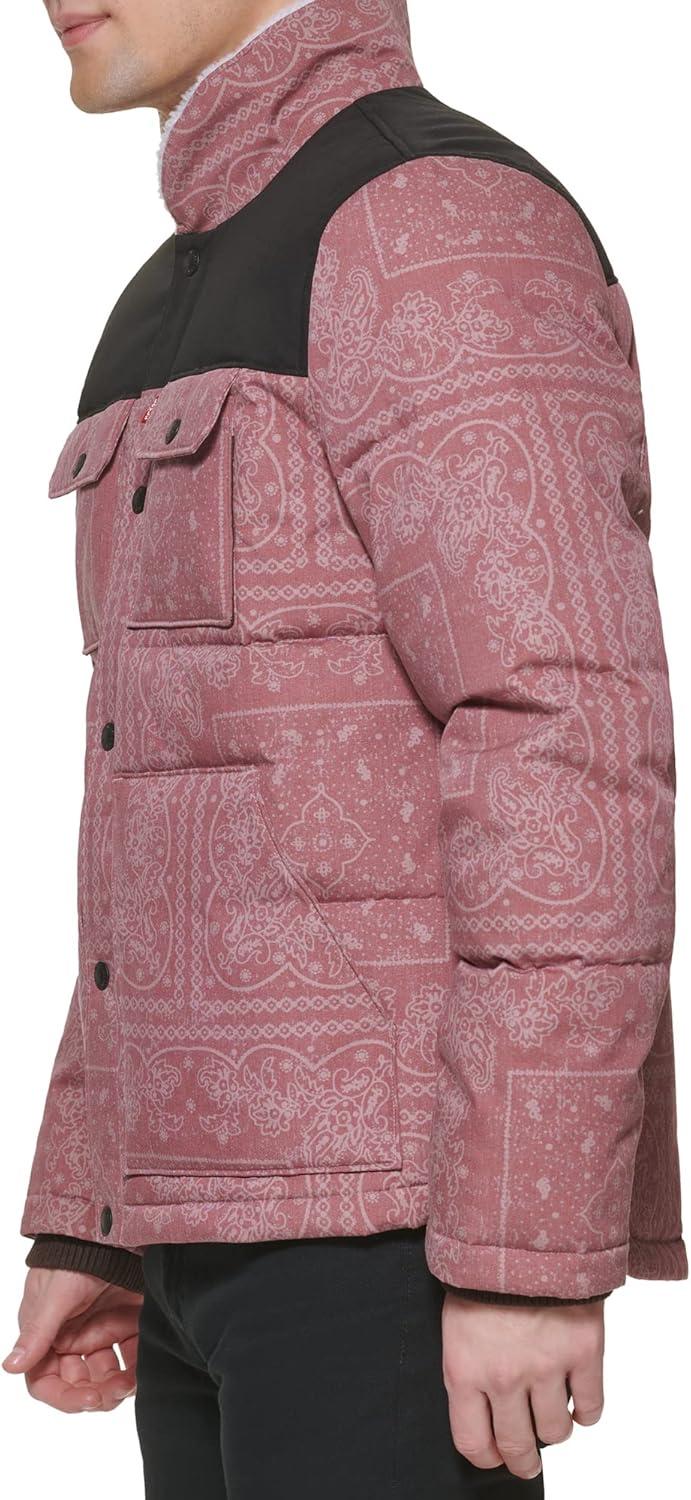 imageLevis Mens Mixed Media Quilted Puffer Jacket With Sherpa Lined Collar Regular and Big amp Tall SizesRed Bandana Print