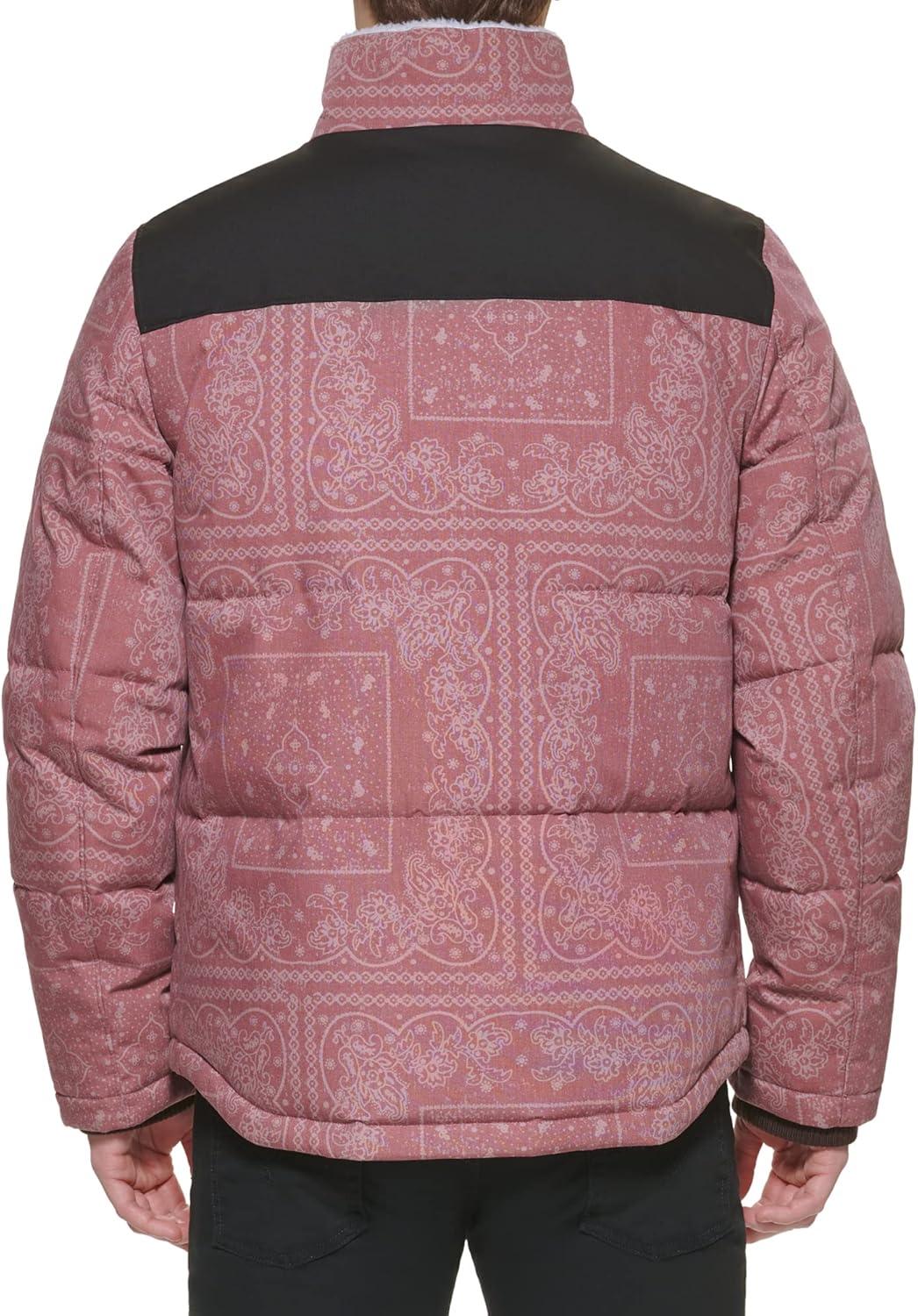 imageLevis Mens Mixed Media Quilted Puffer Jacket With Sherpa Lined Collar Regular and Big amp Tall SizesRed Bandana Print