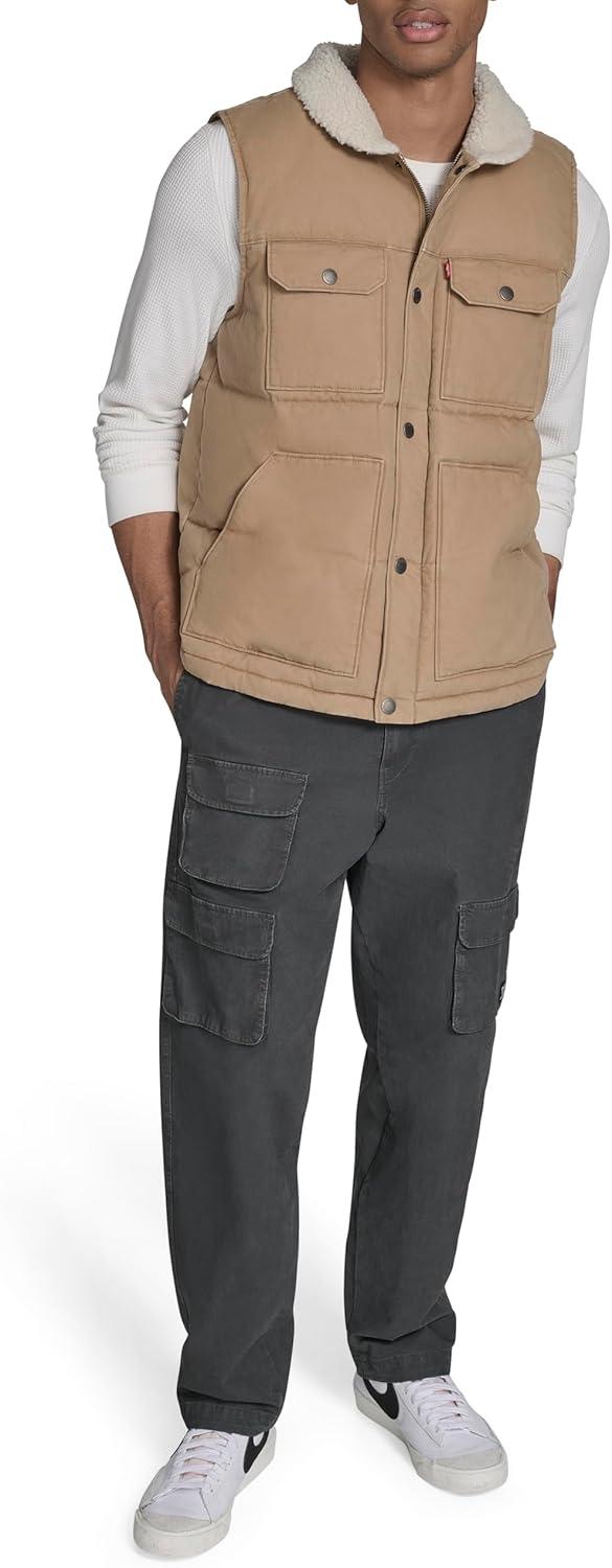 imageLevis Mens Mixed Media Quilted Puffer Jacket With Sherpa Lined Collar Regular and Big amp Tall SizesTan Cotton Vest
