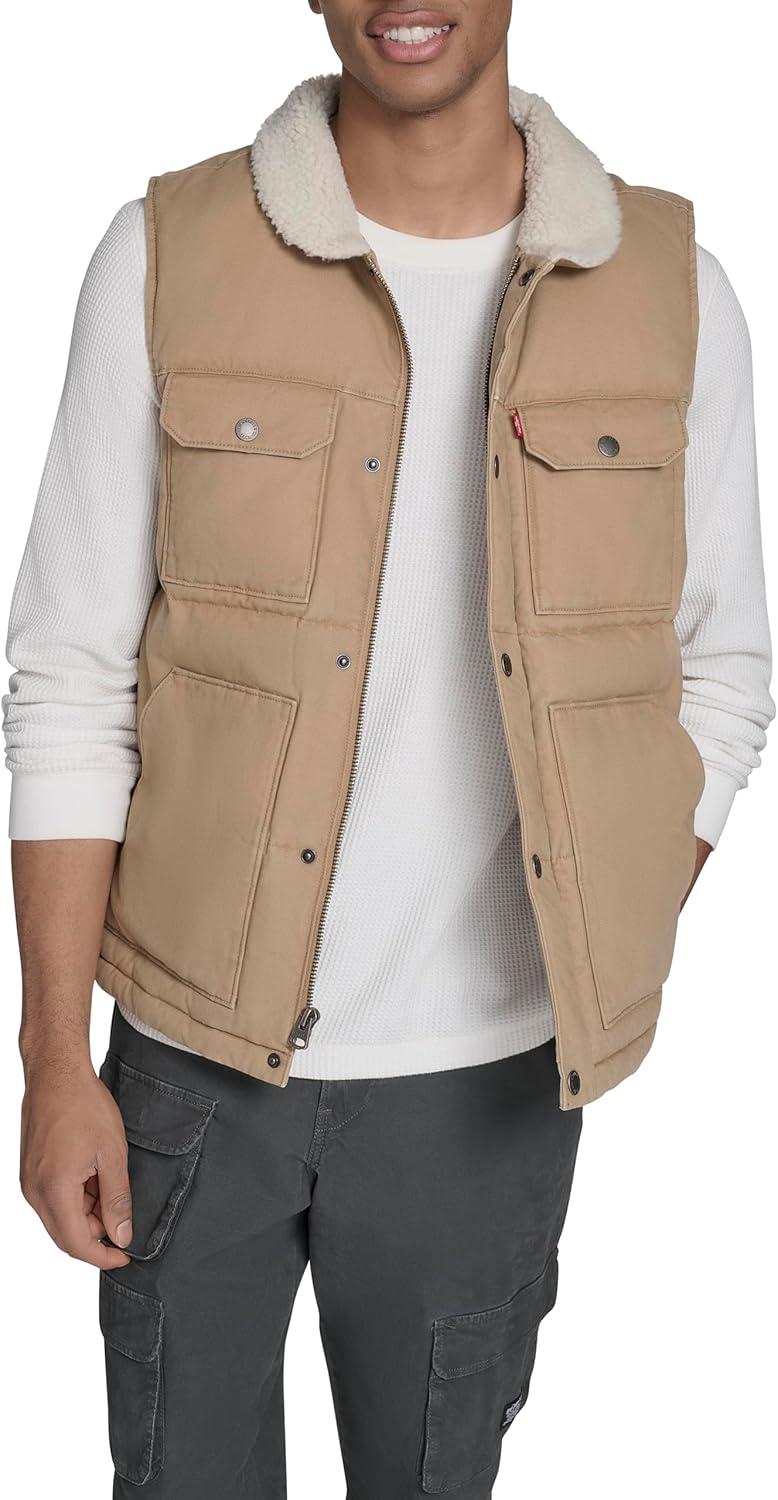 imageLevis Mens Mixed Media Quilted Puffer Jacket With Sherpa Lined Collar Regular and Big amp Tall SizesTan Cotton Vest