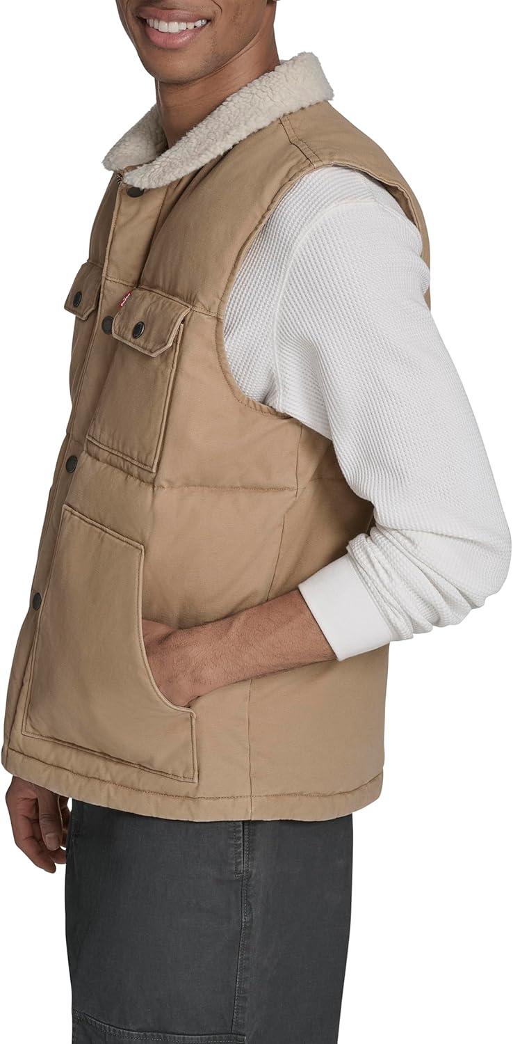 imageLevis Mens Mixed Media Quilted Puffer Jacket With Sherpa Lined Collar Regular and Big amp Tall SizesTan Cotton Vest