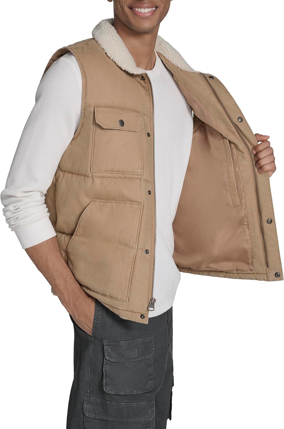 imageLevis Mens Mixed Media Quilted Puffer Jacket With Sherpa Lined Collar Regular and Big amp Tall SizesTan Cotton Vest