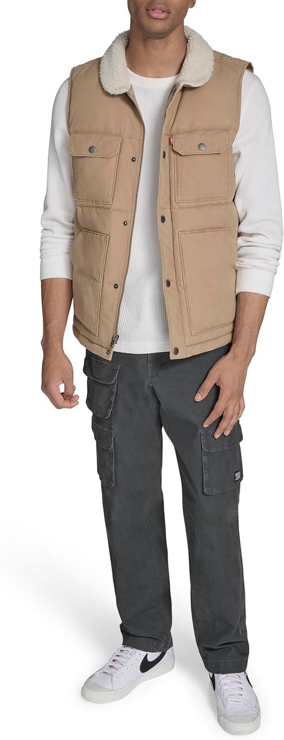imageLevis Mens Mixed Media Quilted Puffer Jacket With Sherpa Lined Collar Regular and Big amp Tall SizesTan Cotton Vest