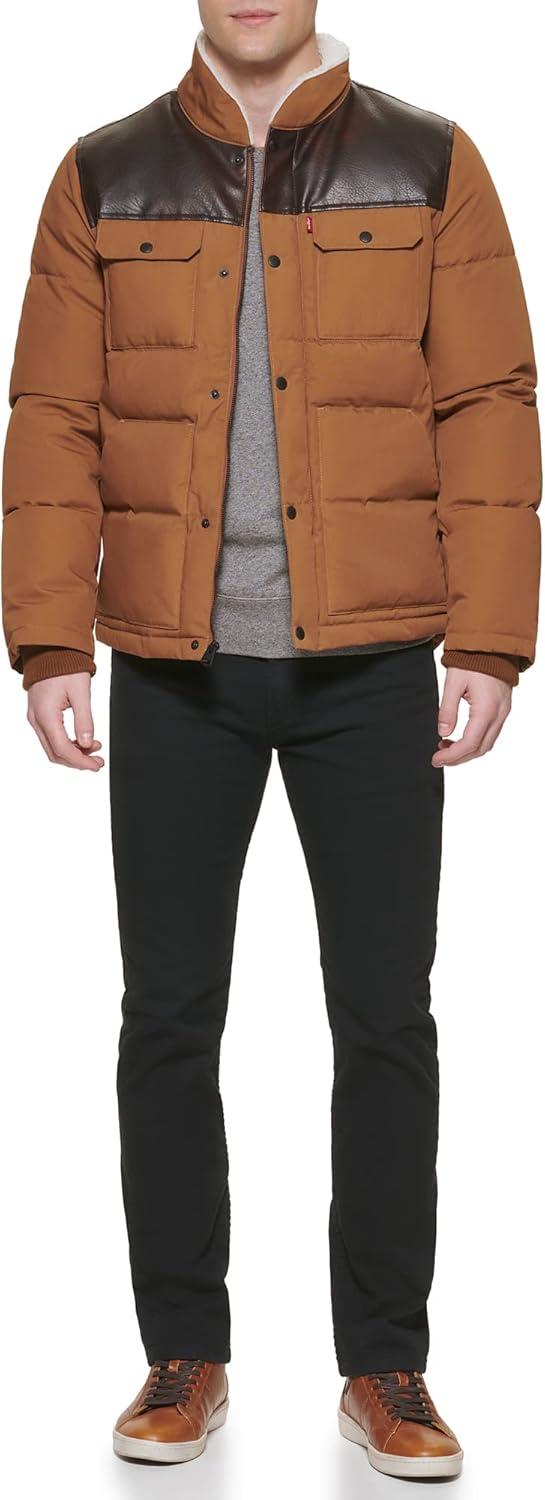 imageLevis Mens Mixed Media Quilted Puffer Jacket With Sherpa Lined Collar Regular and Big amp Tall SizesWorker BrownFaux Leather