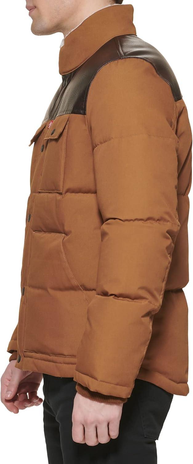 imageLevis Mens Mixed Media Quilted Puffer Jacket With Sherpa Lined Collar Regular and Big amp Tall SizesWorker BrownFaux Leather