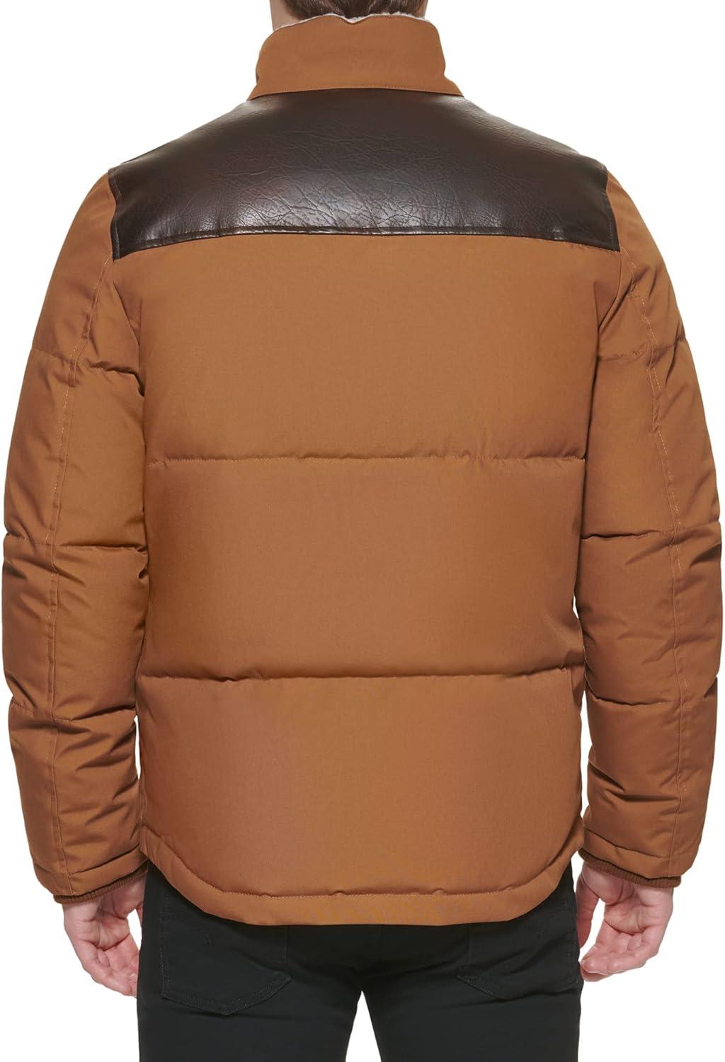 imageLevis Mens Mixed Media Quilted Puffer Jacket With Sherpa Lined Collar Regular and Big amp Tall SizesWorker BrownFaux Leather